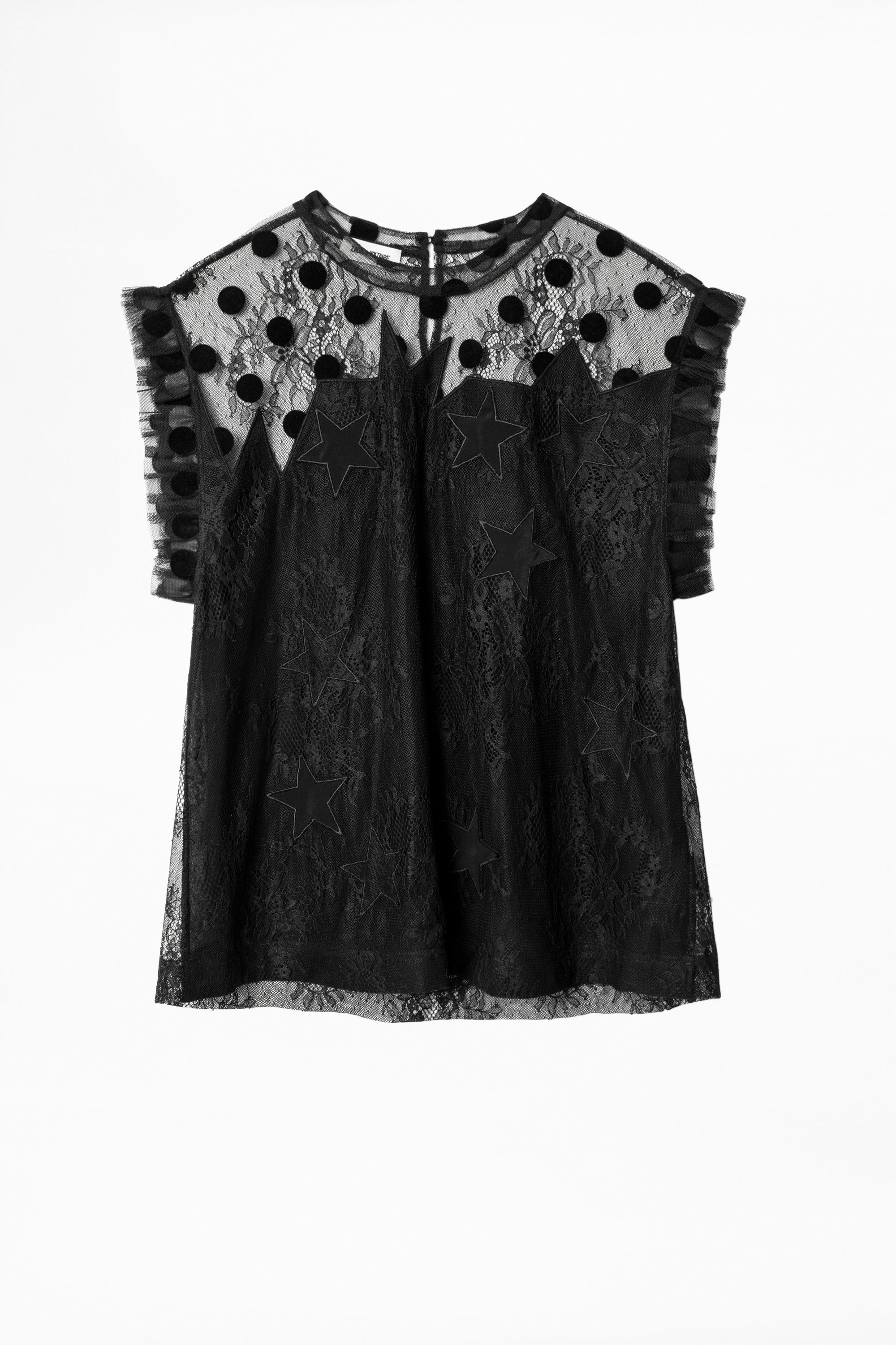 Top Tetro Lace - Top noir femme, en dentelle et tulle imprimé.